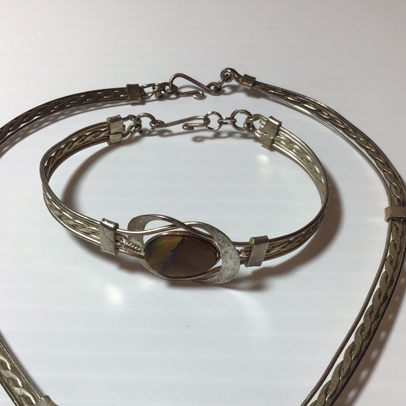 Artisan jewelry set Tiger Eye silver wire bracelet necklace & earrings So boho - Picture 3 of 9